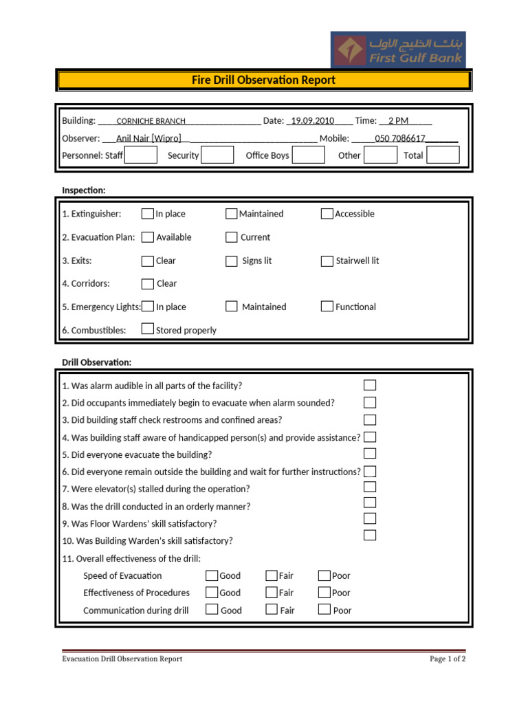 Evacuation Drill Observation Report Ver 1.1 | PDF | Emergency ...