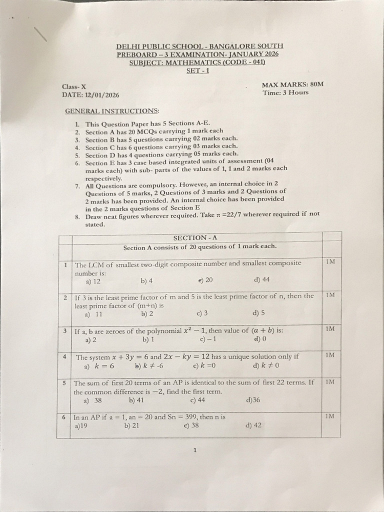 (QP) Class X Maths (Standard) Pre Board (Dps Banglore South) 2025-26 | PDF