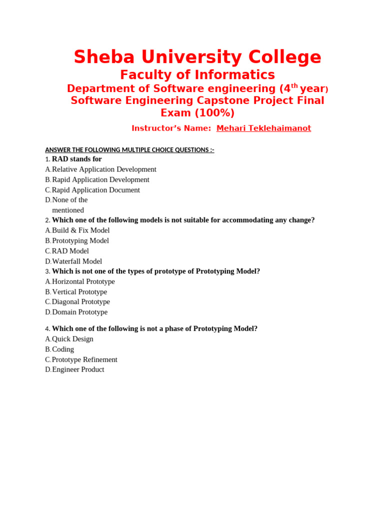 Software Engineering Capestone Project FinalExam | PDF | Conceptual ...