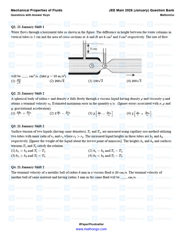 Mechanical Properties of Fluids - JEE Main 2026 (Jan) - MathonGo | PDF ...