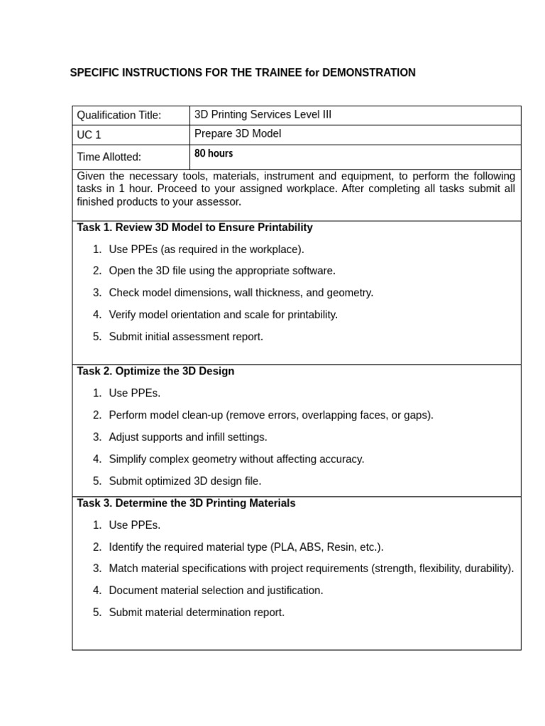 Specific Instructions for the Trainee for Demonstration | PDF | 3 D ...