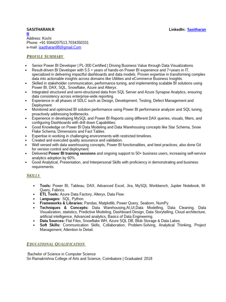 Sasitharan R Senior PowerBI Developer Resume 2025 | PDF | Microsoft Sql ...