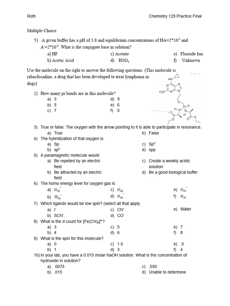 Practice Final | PDF | Acid | Chirality (Chemistry)