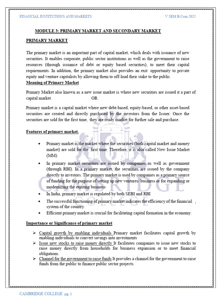 FIM UNIT 3 Primary & Secondary Market | PDF | Securities (Finance ...