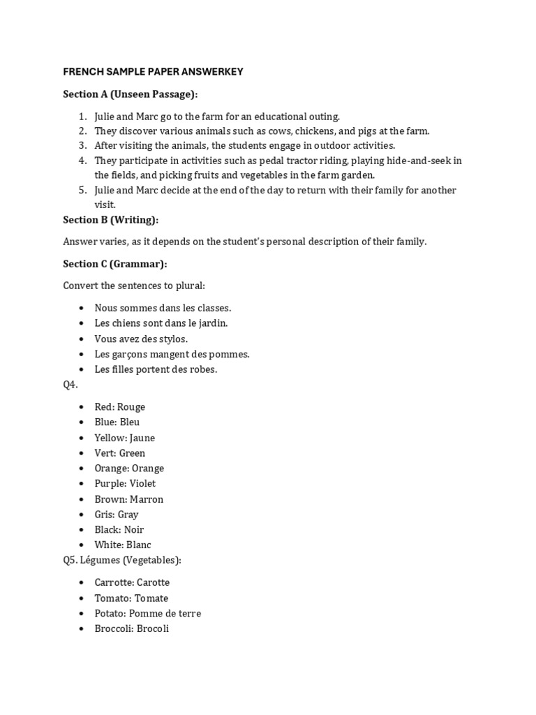 French Sample Paper Answerkey | PDF | Ingrédients alimentaires | Légumes
