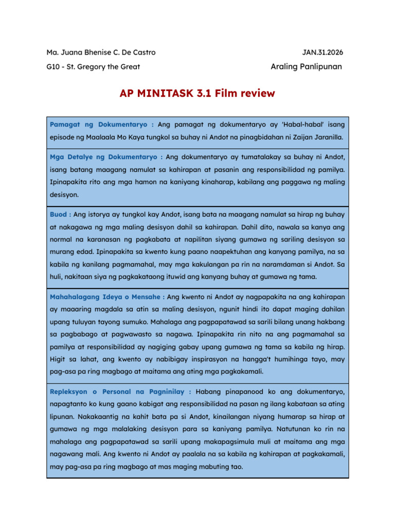 AP Film Review - de Castro MT 3.1 | PDF