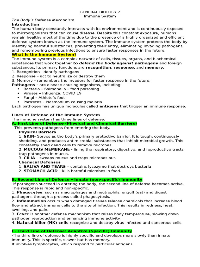 Immune System Handouts | PDF | Immune System | Lymphocyte