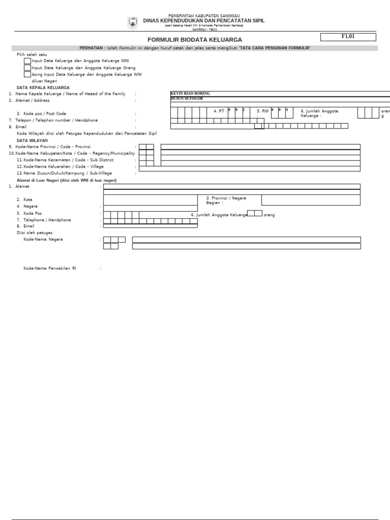 Formulir F1-01 (Membuat KK Baru) | PDF