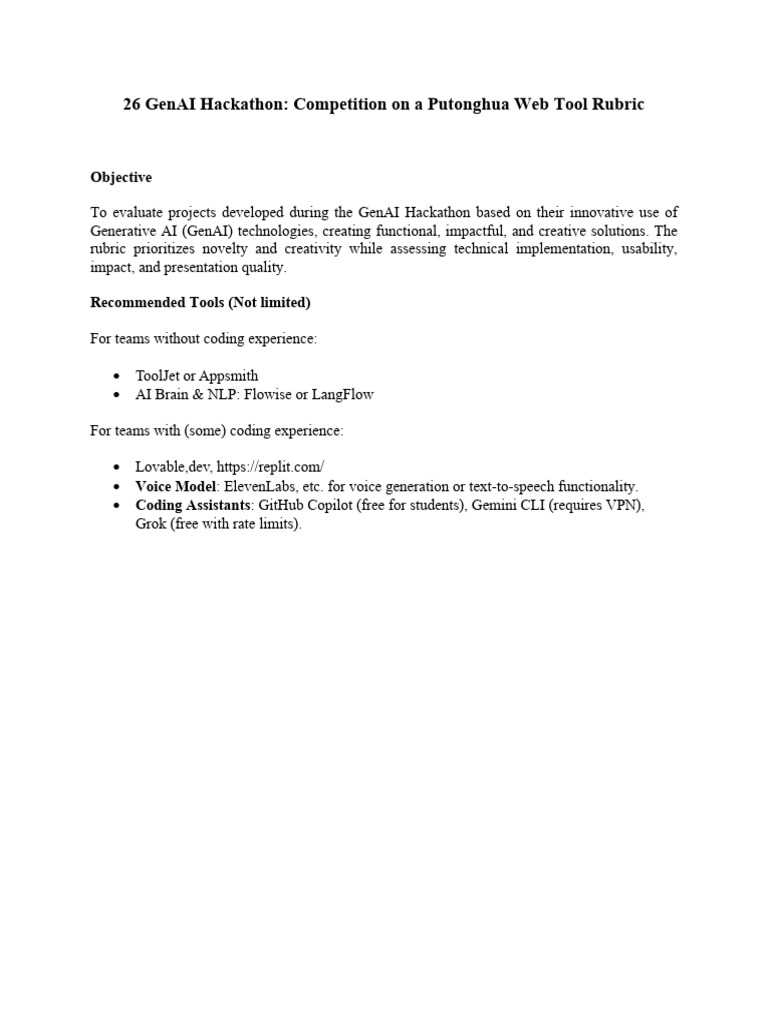 26 GenAI Hackathon Competition On A Putonghua Web Tool Rubric | PDF ...