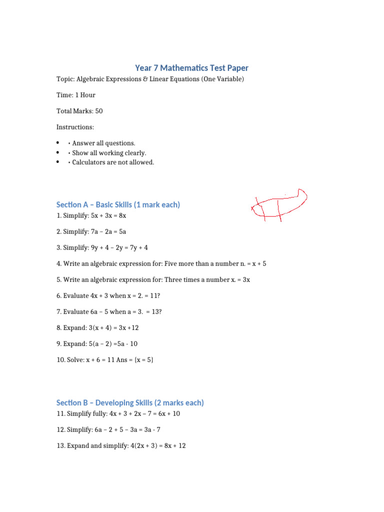 Year 7 Algebra and Linear Equations Test Paper | PDF