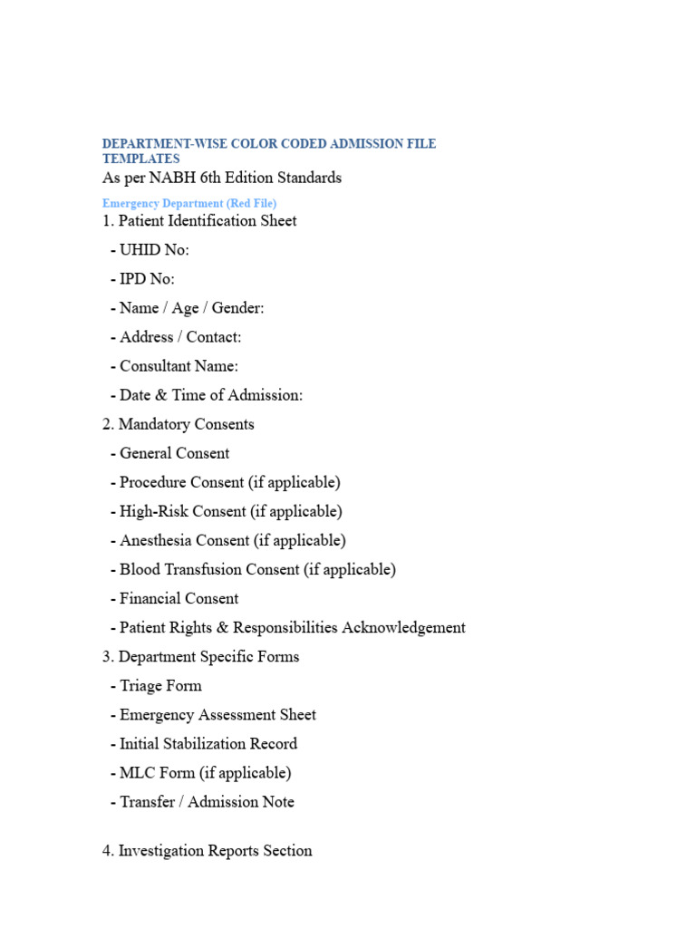 Department Wise Color Coded Admission File Templates NABH 6th Edition ...