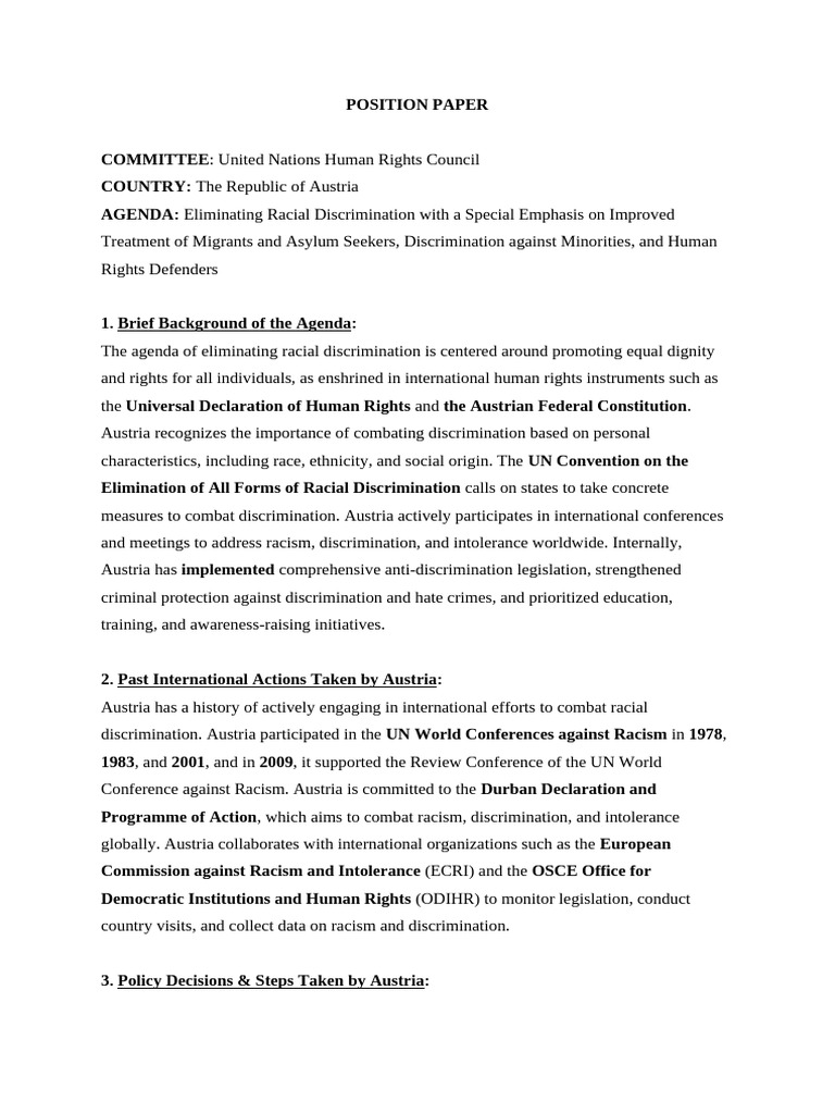 UNHRC Position Paper - Austria | PDF | Refugee | Discrimination
