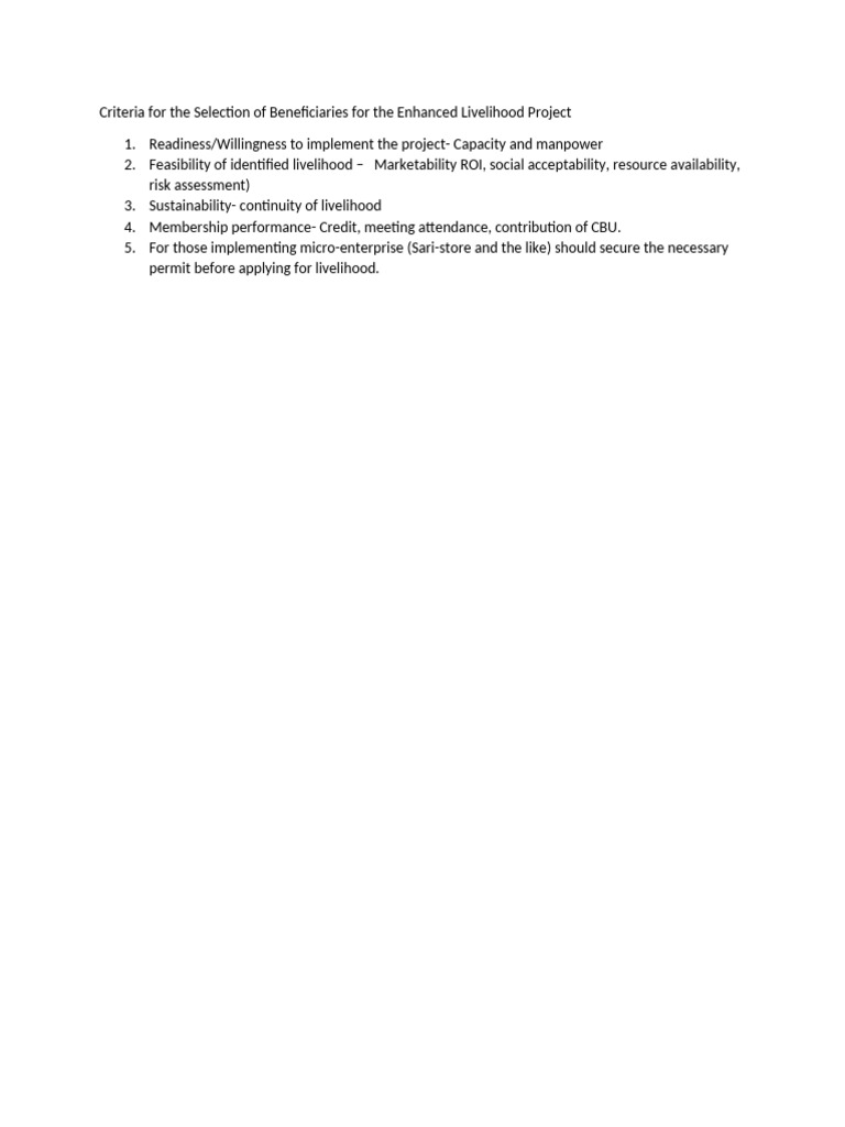 Criteria For The Selection of Beneficiaries For The Enhanced Livelihood ...