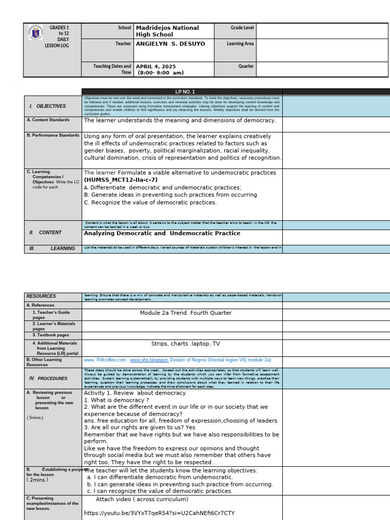 Demonstration Lesson Plan 2025 Undemocratic Practice | PDF | Democracy ...