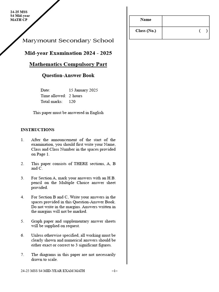 S4 Mid Year Exam - 2425 v2 | PDF | Mathematical Concepts | Mathematics