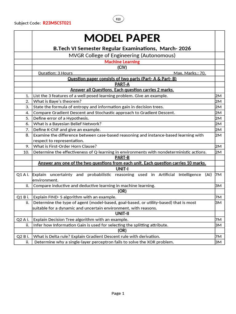 Machine Learning - Model - QP - R23MSCST021 | PDF | Machine Learning ...