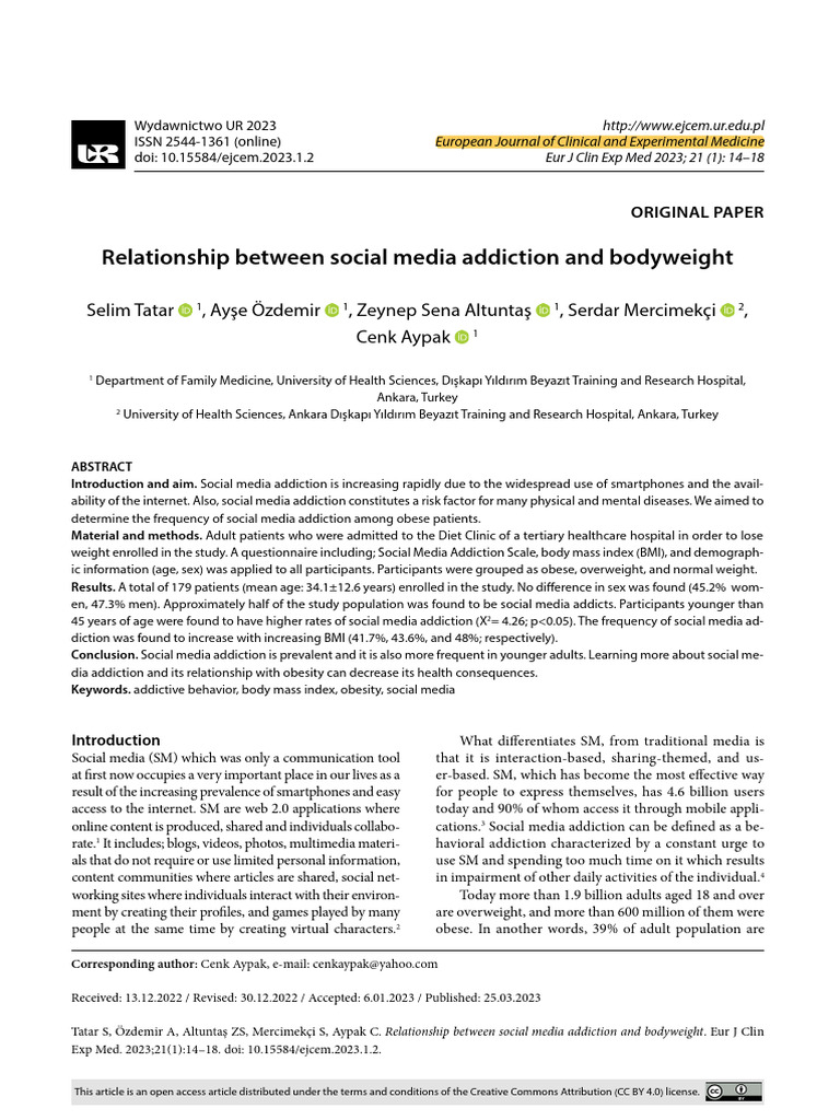 Relationship Between Social Media Addiction and Bodyweight | PDF | Body ...