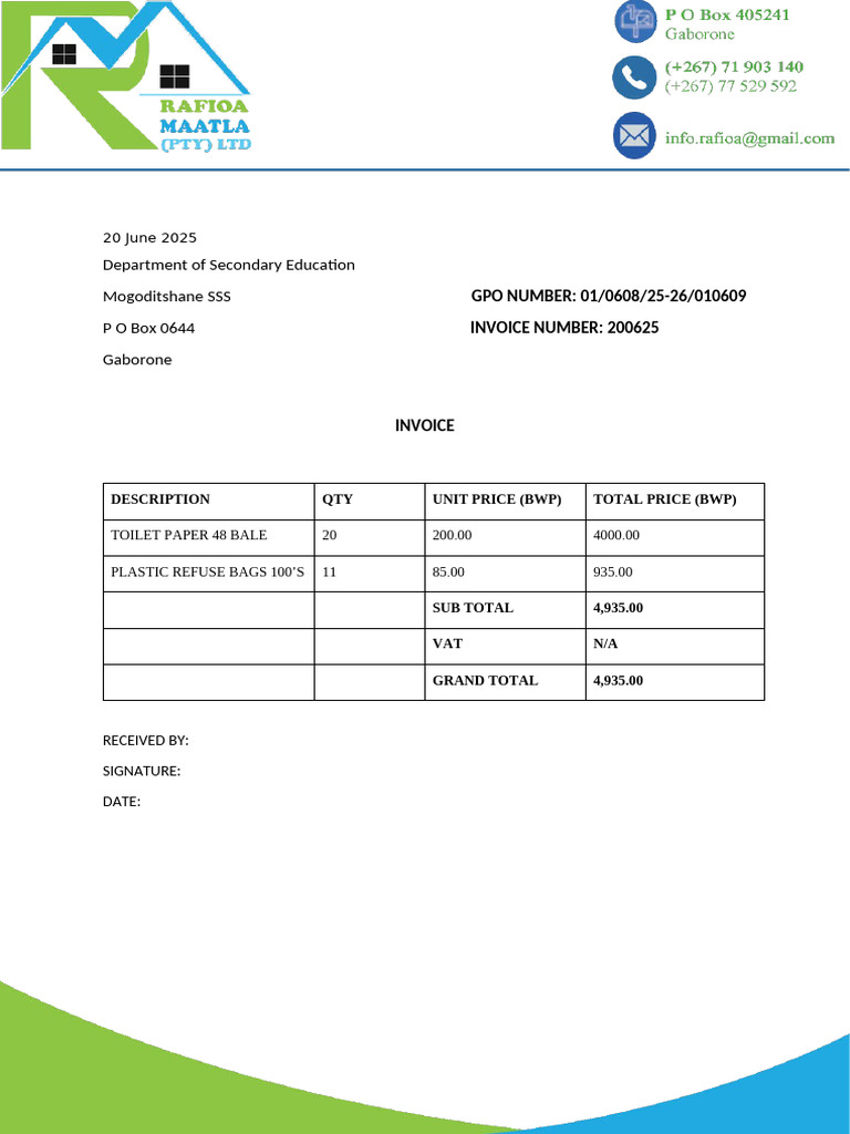 Mogoditshane Senior Invoice | PDF