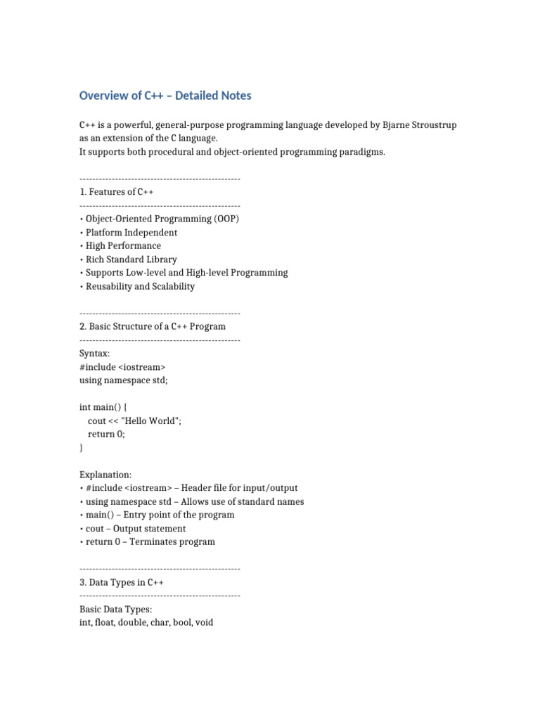 Overview of CPP Detailed Notes | PDF | C++ | Computer Program