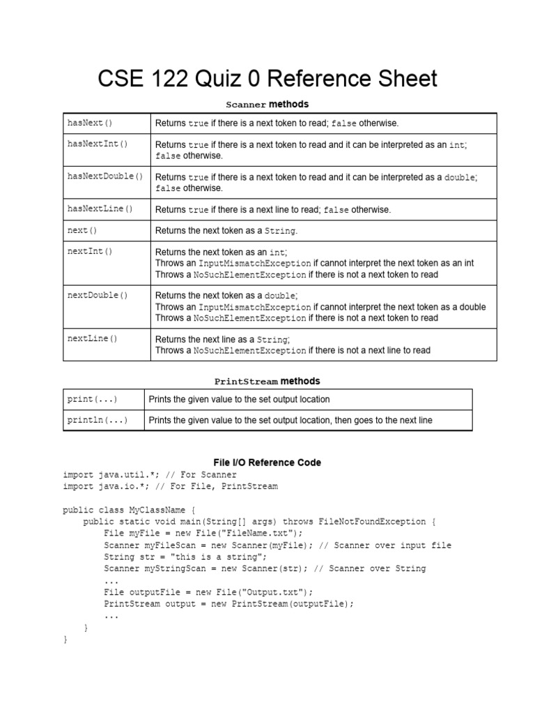 CSE 122 Quiz 0 Reference Sheet | PDF