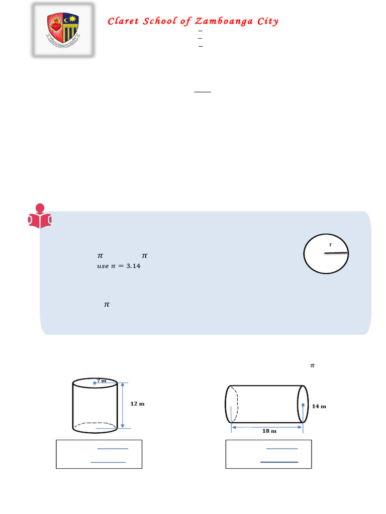 Activity 7 Volume of A Cylinder CU | PDF | Area | Circle