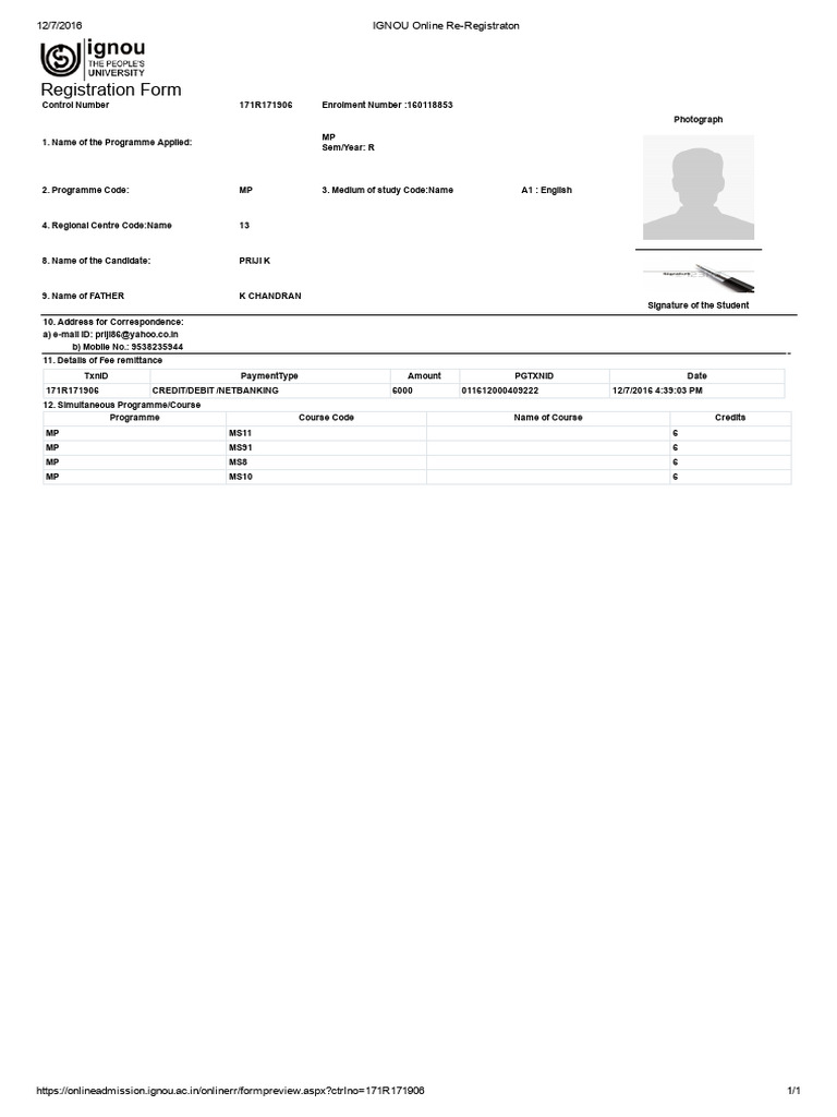IGNOU Online Re-Registraton | PDF