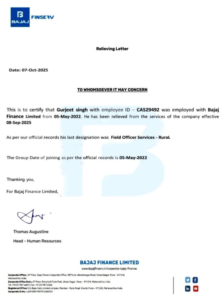 Bajaj Finance Limited Reliving Letter | PDF
