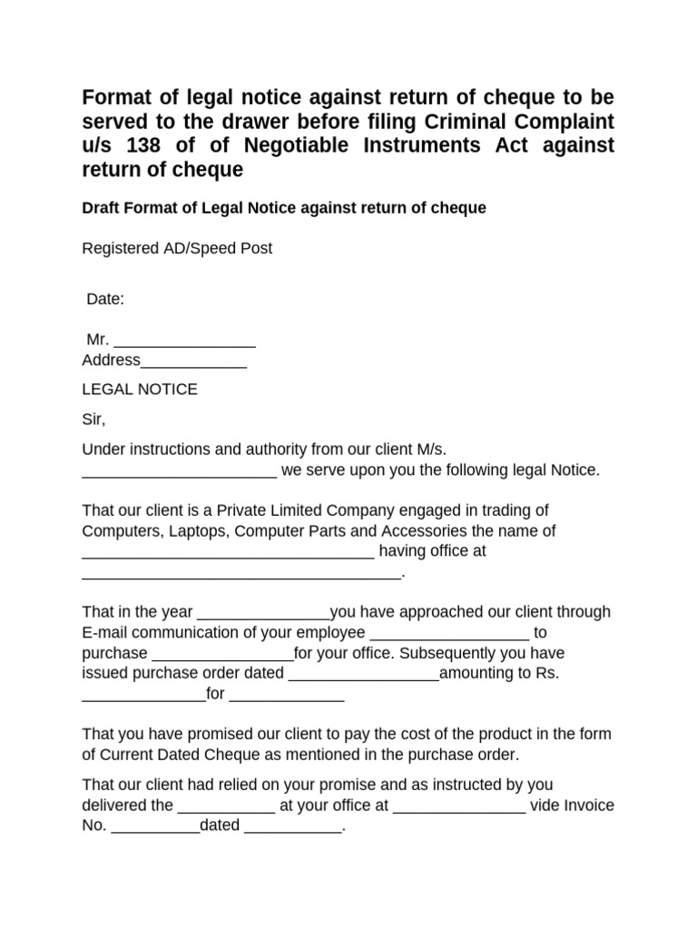 Format of Legal Notice Against Return of Cheque to Be Served to the ...