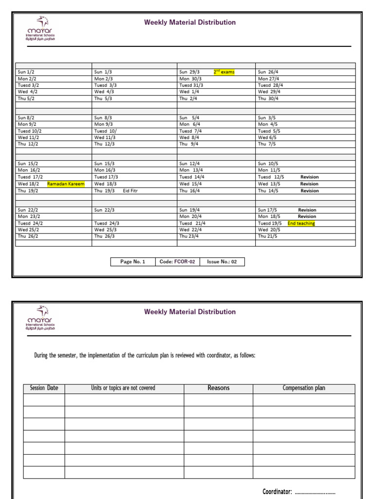 Weekly Material Distribution 2nd Semester 2026 | PDF