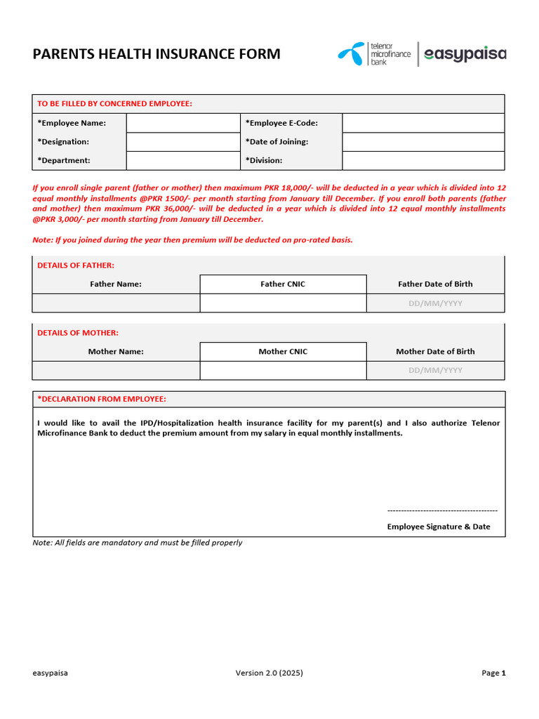Parents Insurance Form | PDF