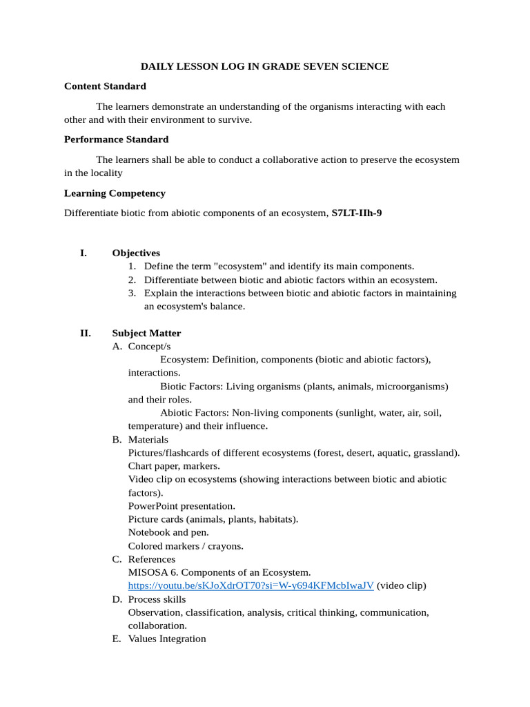 Lesson Plan in Grade Seven Science | PDF | Ecosystem | Learning