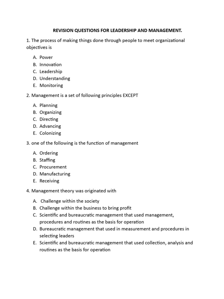 Revision Questions For Leadership and Management | PDF | Leadership ...