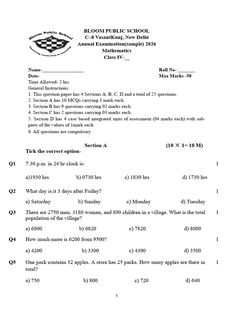 Class 4 Sample Paper - 260216 - 143006 | PDF