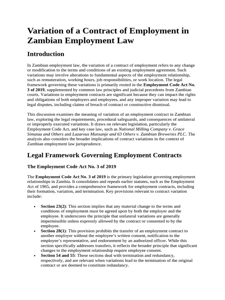 Variation of A Contract of Employment in Zambian Employment Law | PDF ...