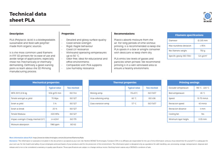 PLA Data Sheet | PDF | Materials | Mechanical Engineering