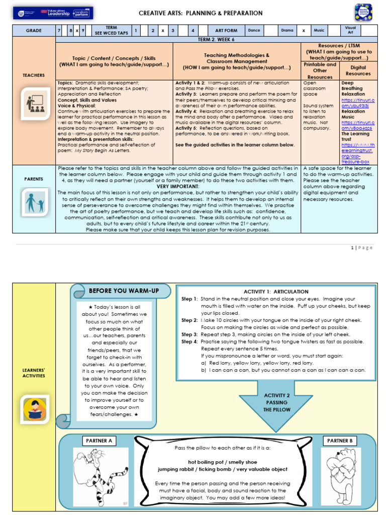 Lesson Plan GR 8 Creative Arts Drama T2 W6 | PDF | Learning | Lesson Plan