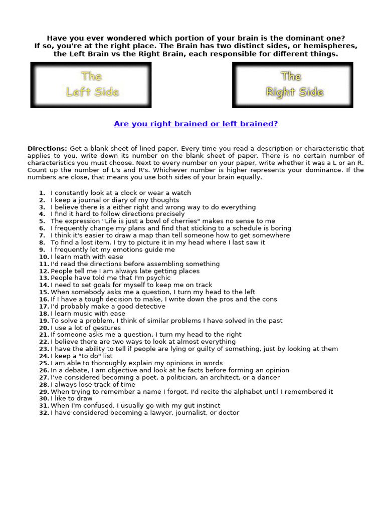 Left Vs Right Brain | PDF | Lateralization Of Brain Function | Thought