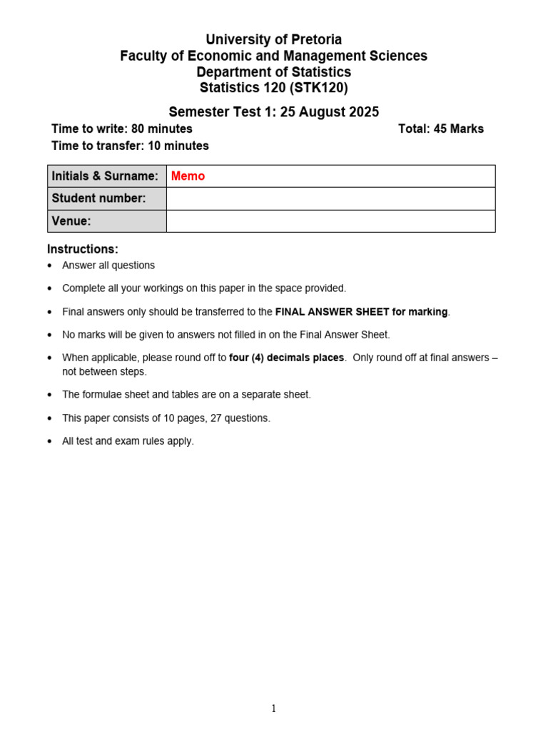 STK120 - Semester Test 1 - 2025 Memo | PDF | Statistical Inference ...