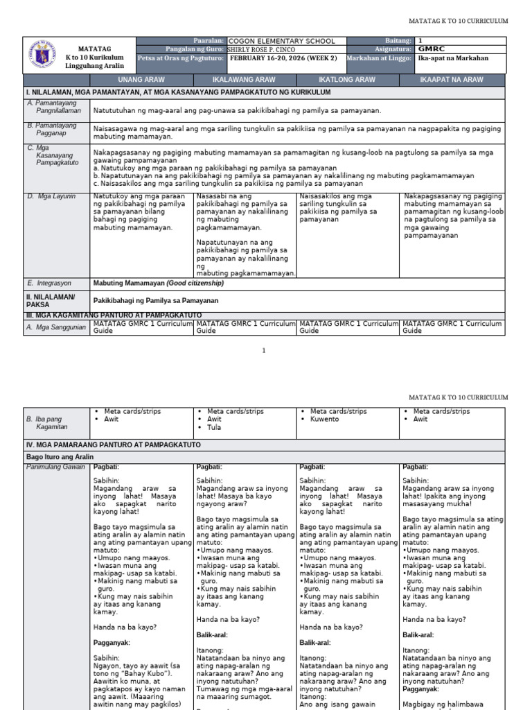 DTC DLL Matatag GMRC 1 q4 w2 | PDF