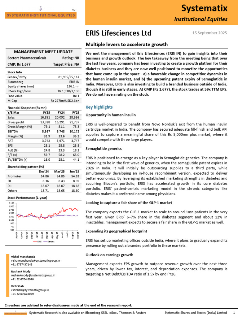 Systematix Update On ERIS Lifesciences LTD Multiple Levers To ...