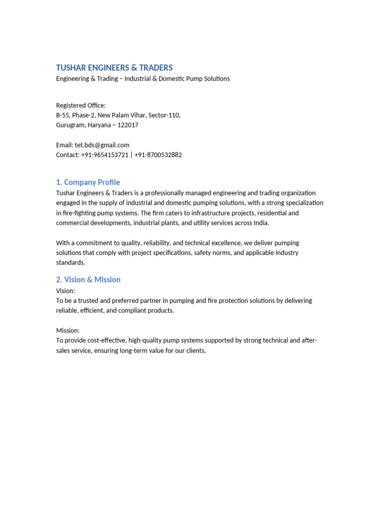 Tushar Engineers and Traders 4 Page Tender Profile | PDF | Pump ...