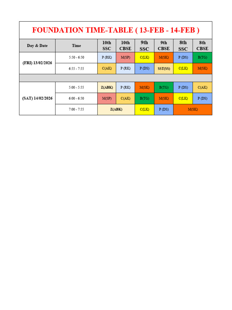 Time-Table Foundation (13-14 Feb) | PDF