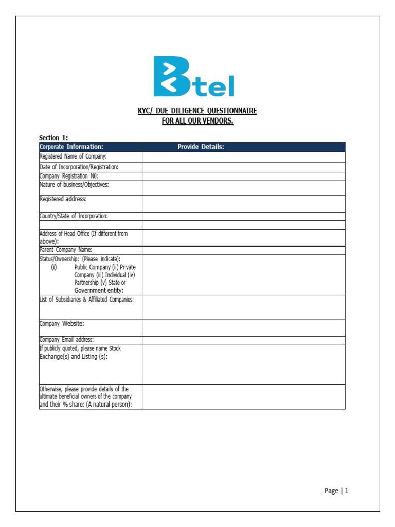 (Blank) Btel Vendors Kyc Due Diligence Questionaire Form | PDF ...