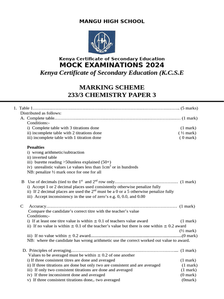 Marking Scheme Chemistry Paper 3 - 1735369110 | PDF | Chemistry ...