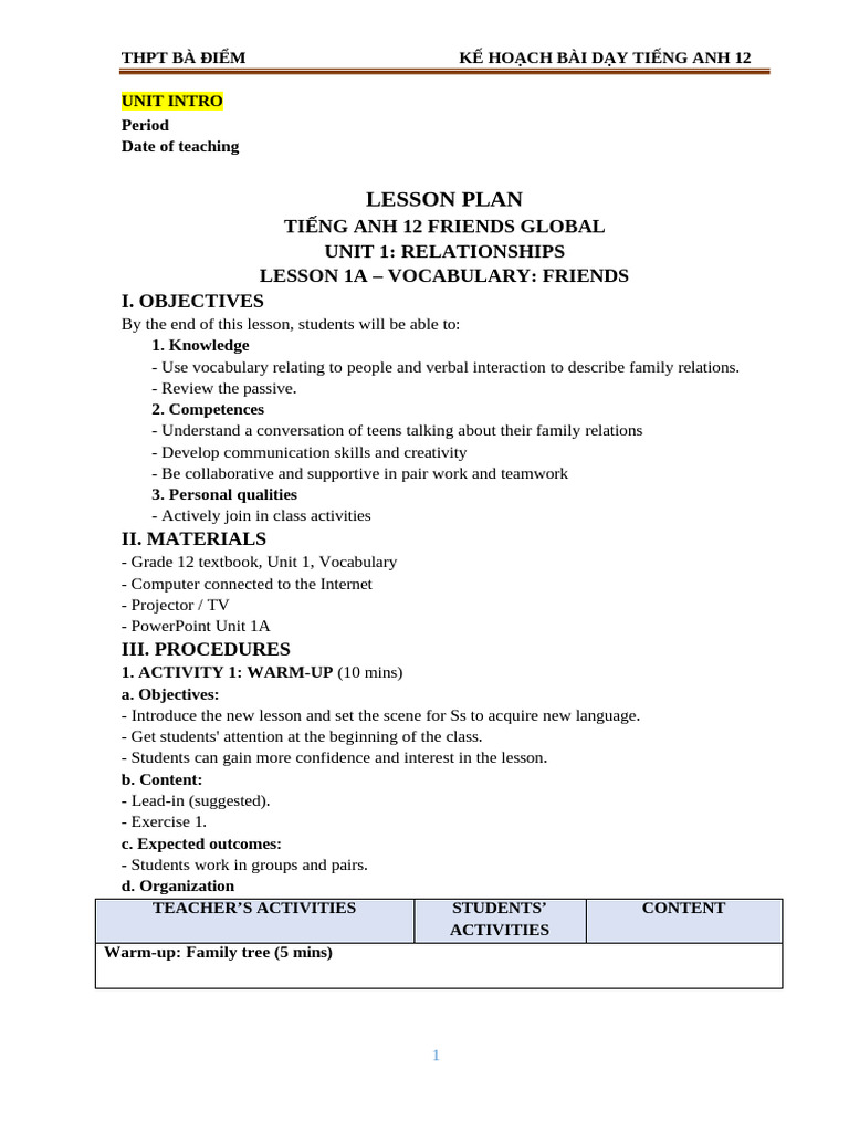 Lesson Plan - k12 Hk1 (Unit Intro) | PDF | Teachers | Verb
