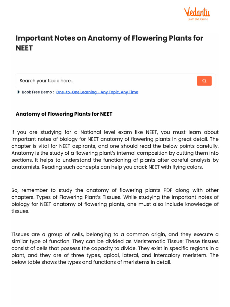 Important Notes On Anatomy of Flowering Plants For NEET | PDF