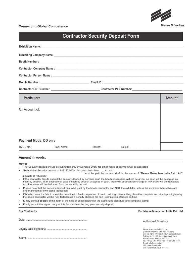 Contactor Security Deposit Form-2026 | PDF | Payments