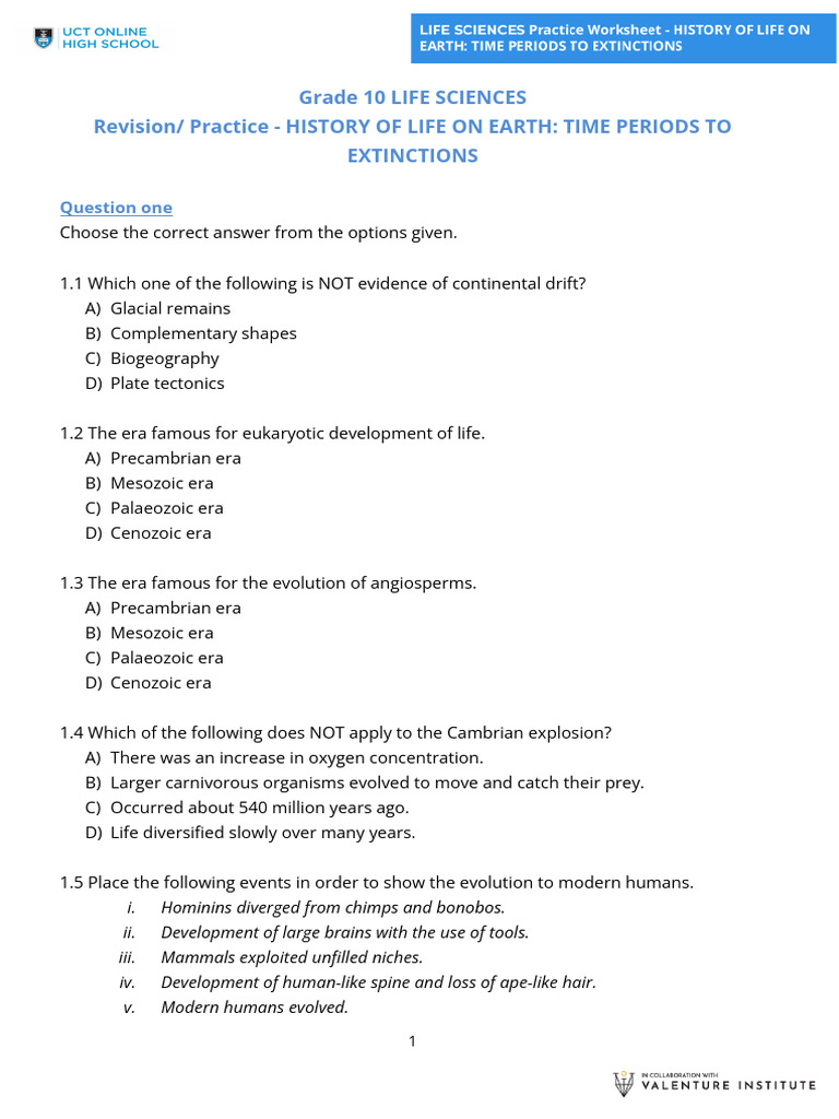 Practice Worksheet - Revision - History of Life On Earth - Time Periods ...