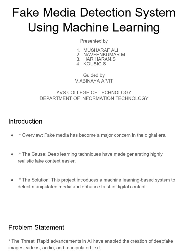 Fake Media Detection System Using Machine Learning | PDF | Deep ...