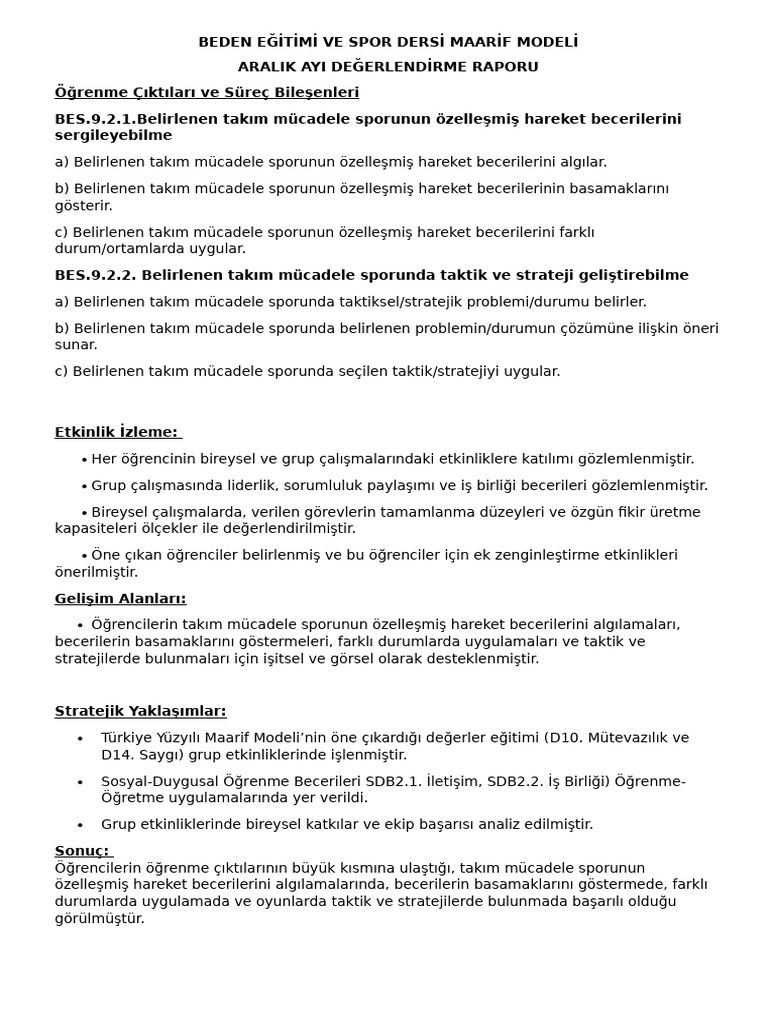 Sinif Maarif Modeli Aralik Ayi Degerlendirme Raporu Kerem Balyemez | PDF